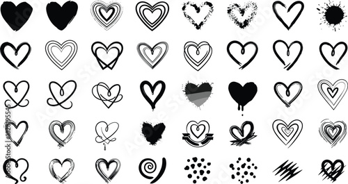 Brush stroke heart shapes collection, vector illustrations