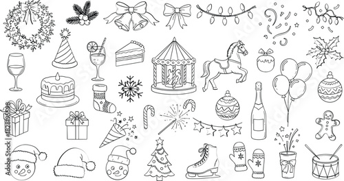  Christmas and new year celebration outline vector icons
