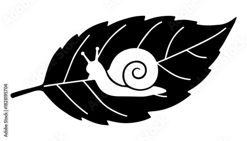 Black and white flat illustration of a snail silhouette crawling on a leaf on a white isolated background. Vector graphics. EPS.