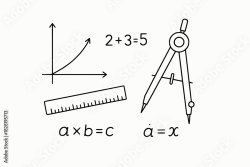 Color illustration of math and geometry symbols: compass, ruler, graph and equations. Educational layout for science, physics and academic content.