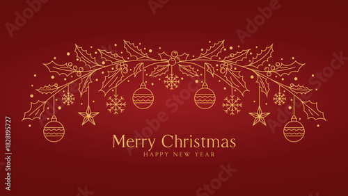 Merry Christmas red background vector garland; Gold line art holly pine border design; Elegant holiday greeting banner illustration