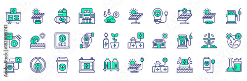 Renewable Energy icons collection. Vector illustration. Generator, Battery, Hydrogen, Factory, Co2, Solar panel, Light, Solar cell, Solar, Petrol, Fuel. Pro Vector
