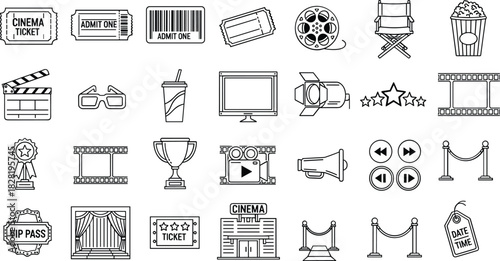 Cinema and movie entertainment outline vector icons set