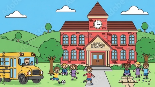 Cartoon illustration of a school building with children playing a school bus and a welcoming sign vector design for educational materials and school websites