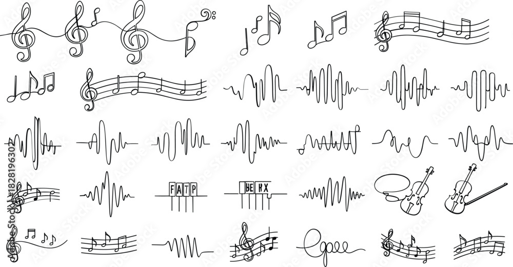 Obraz premium Doodle art of music notes, sound waves, and violins