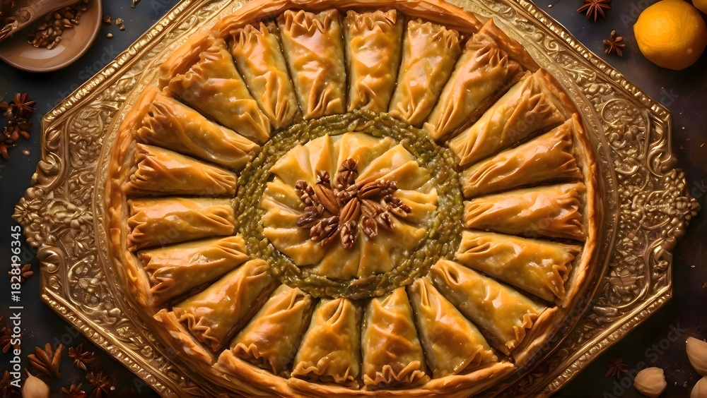 Fototapeta premium Baklava with nuts on the crust, rich baked surface and warm tones of a homemade dessert placed on a table with detailed texture and inviting atmosphere