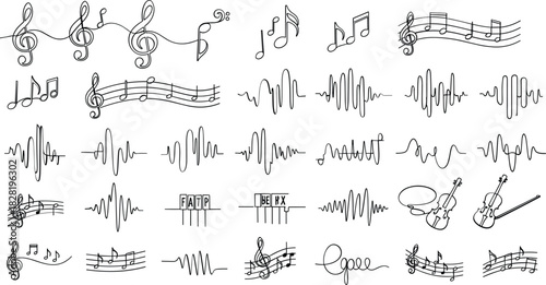 Doodle art of music notes, sound waves, and violins