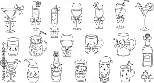 Festive drinks and holiday items outlines with bows