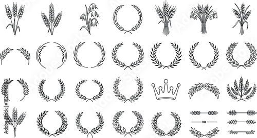 Farm grains, olive wreaths, royal crown vector set