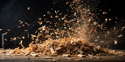 Fine wood chips scattered in a chaotic explosion on a dark and contrasting black background