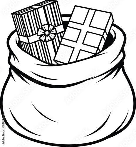 Santa sack with present boxes for celebrating new year and holiday season. Present boxes with traditional ornament decoration in a flat design in black and white.