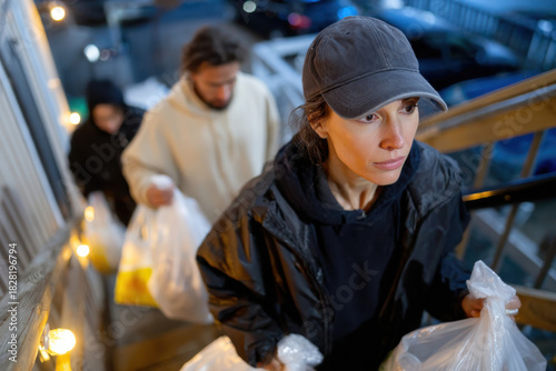 Fototapeta Naklejka Na Ścianę i Meble -  A focused woman leads a small group as they ascend a staircase carrying bags, encapsulating the essence of teamwork and late-night errands against a night backdrop.