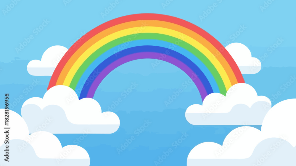 Naklejka premium Colorful Rainbow Against a Cheerful Sky with Fluffy Clouds Illustration for Kids