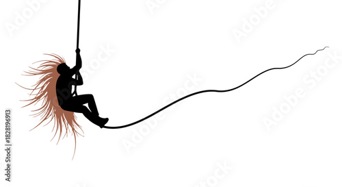 Risk Taker Silhouette of a Woman on a Tightrope with Windblown Hair, Demonstrating Balance and Courage