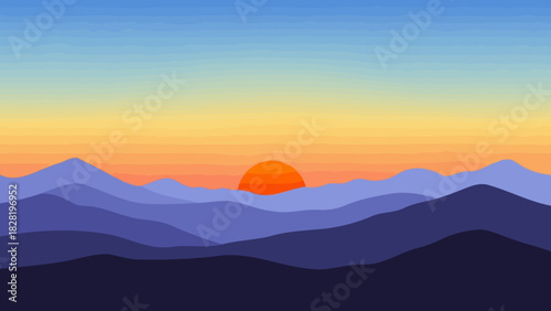 Serene Mountain Landscape with a Rising Sun at Dawn