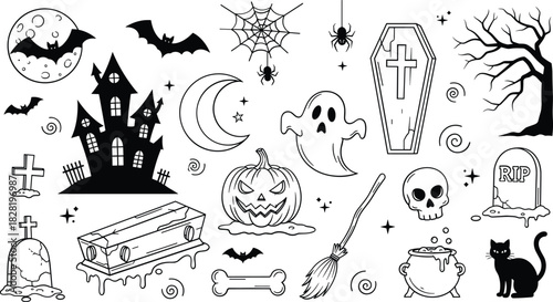 Halloween spooky elements collection with haunted house