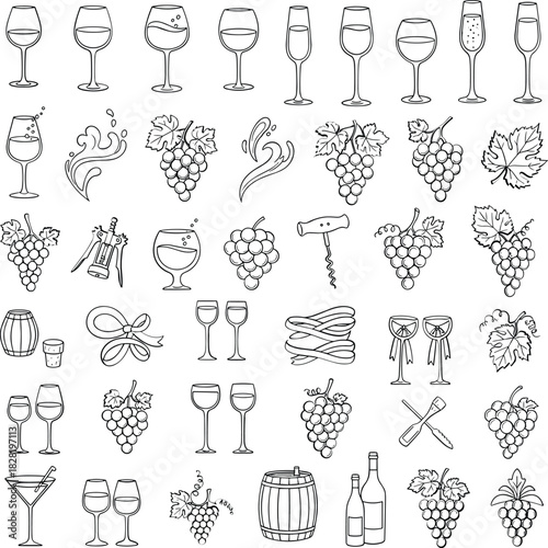 Hand drawn collection of wine, grape and bar tool icons
