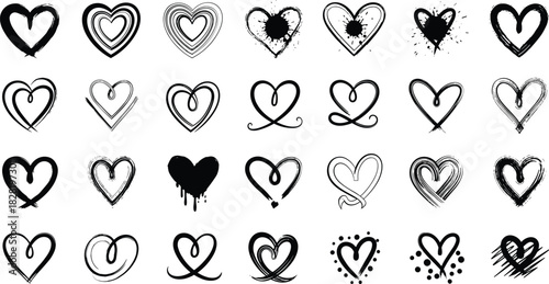 Hand-drawn brush stroke hearts collection on white