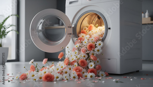 Beautiful pink roses and white daisies spill out of an open washing machine, creating a vibrant display of natural freshness and a clean, delicate aroma in a modern home.