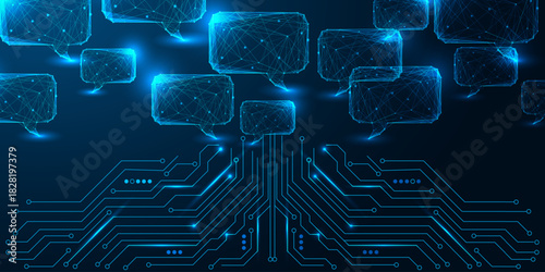 Large Language Model concept with circuit lines and AI speech bubbles on digital tech background