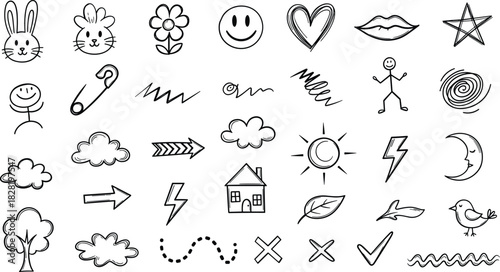 Hand-drawn doodle set of common everyday symbols