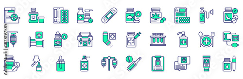 Treatments icons collection. Vector illustration. Radiotherapy, Mouthwash, Blister pack, Medication, Plaster, Fish oil, Drugs. Pro Vector
