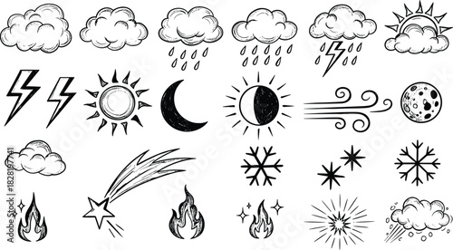 Hand-drawn weather and celestial elements icon set