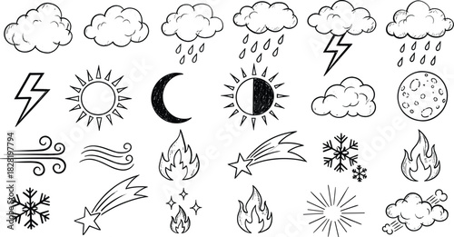 Hand-drawn weather, sky, and natural element icons