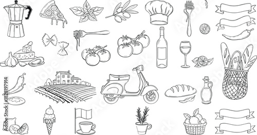 Italian food, culture, and travel hand drawn icons set