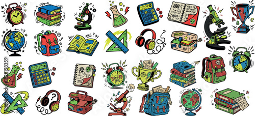 Hand drawn doodle style colorful school icon set with books backpacks globes microscopes trophies clocks and headphones arranged in playful scattered pattern on white background