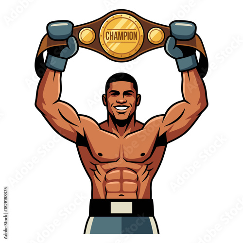 Champion's Triumph: A muscular boxer raises a championship belt high in victory, embodying strength, determination, and the ultimate achievement. 