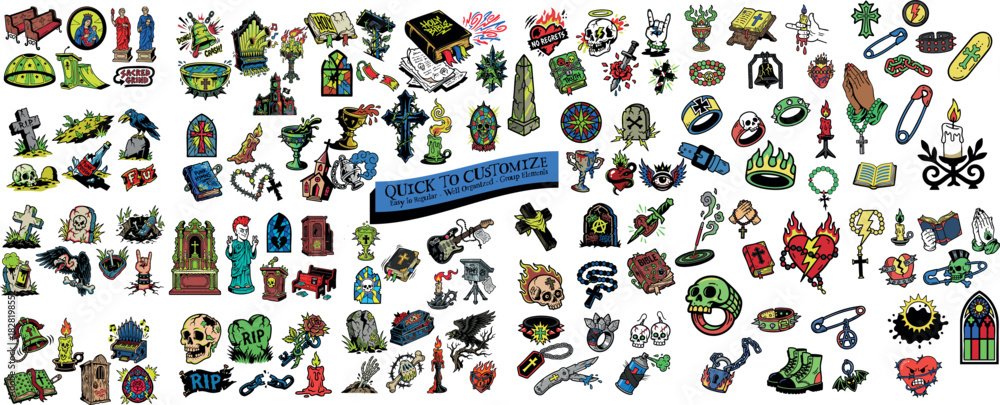 Fototapeta premium Tattoo flash style horizontal vector set of colorful graveyard icons with skulls crosses candles broken hearts safety pins and gothic religious symbols on white background