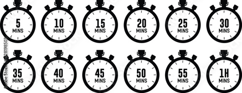 Set of minimalist stopwatch timer icons, durations