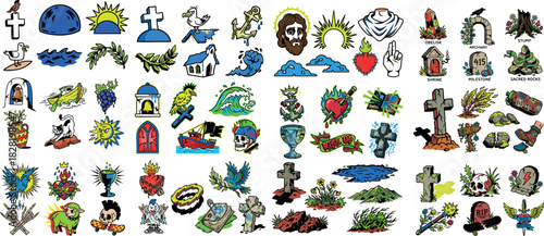 Tattoo flash style christian pilgrimage icons grid with crosses boats skulls waves sacred heart chalice mountains and labeled landmarks in bold outlined cartoon vector art