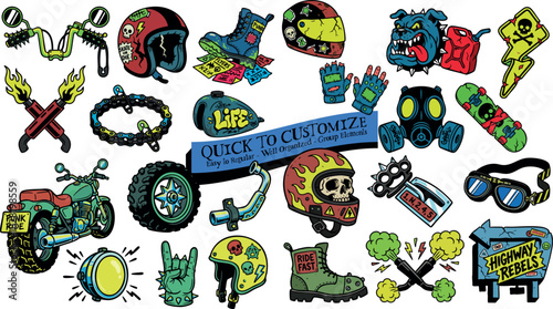 Skate punk vector flash set of rebellious motorcycle gear, flaming skull helmets, gloves, boots and biker badges arranged as colorful stickers on white background