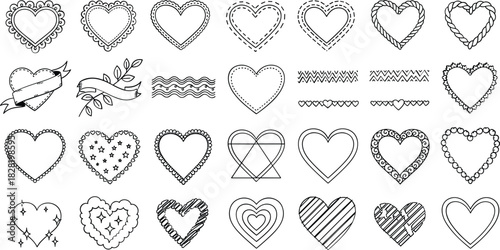 Sketch heart shapes with various borders and ribbons