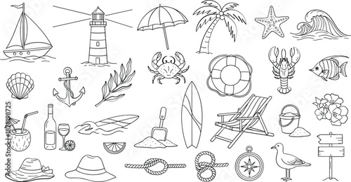 Summer beach and nautical collection hand drawn line art