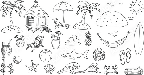 Summer beach vacation elements outline illustration set
