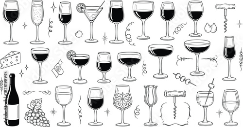 Various elegant wine and cocktail glasses hand drawn set