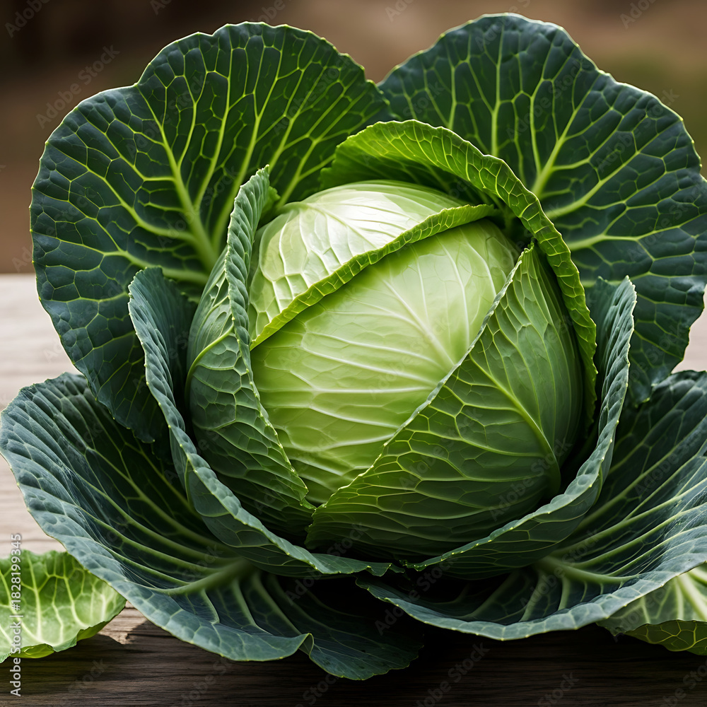 Obraz premium Close-up shot of a fresh, vibrant green cabbage head with detailed leaf textures.