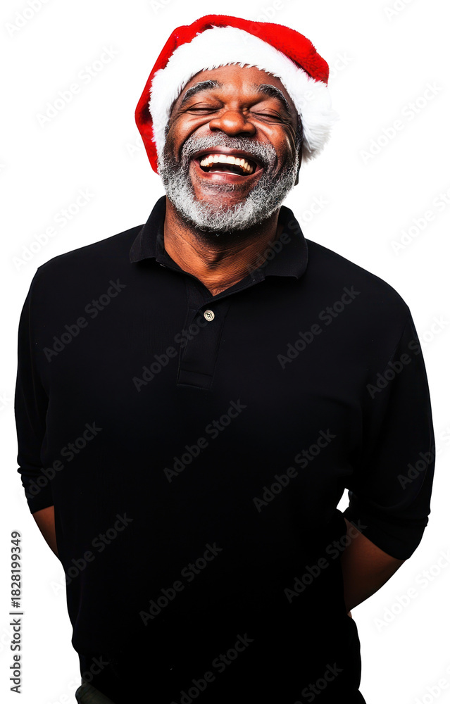 Fototapeta premium PNG A happy old black man wearing a christmas hat laughing photography background portrait.