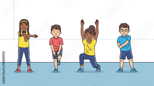 Diverse Youngsters Engaging in Various Exercise Poses for Physical Activity and Fitness