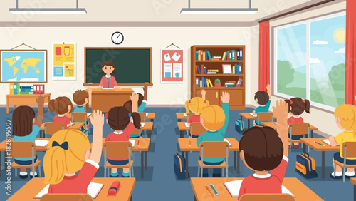 Classroom Learning Students Participating in Lessons with Enthusiasm and Raised Hands