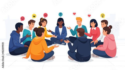 A diverse group of young people sitting in a circle, engaged in a vibrant discussion, sharing ideas and emotional support