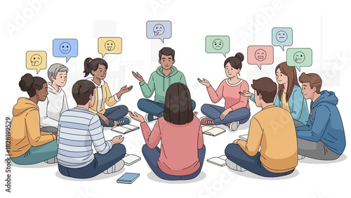 Diverse group of people sitting in a circle discussing ideas, with emotion icons floating above their heads, representing communication and collaboration