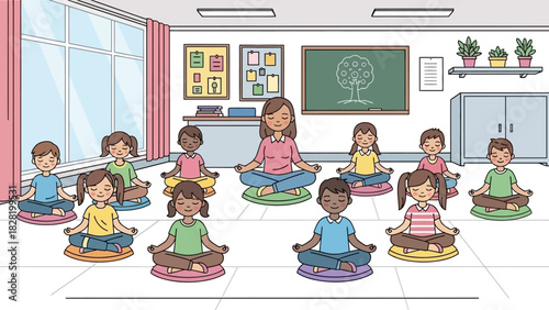 Elementary school children and their teacher practicing mindful meditation in a bright classroom, cultivating calm, focus, and emotional well-being for young learners