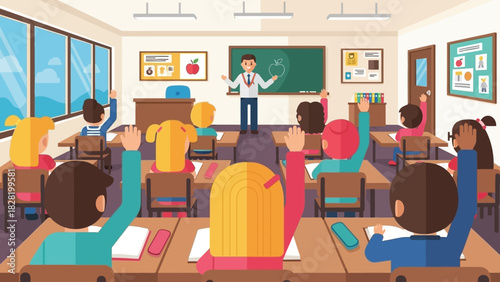 Eager students raising their hands to answer a question during an interactive lesson in a bright elementary school classroom