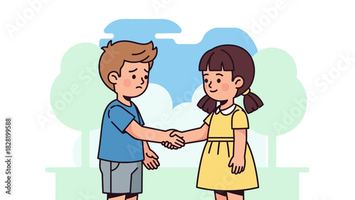 An illustration of a young boy and girl making peace and reconciling with a friendly handshake