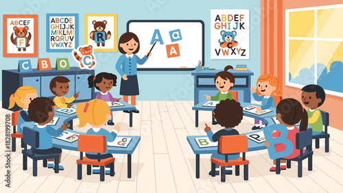 Diverse children learn alphabet in vibrant early childhood classroom with teacher, fostering foundational literacy and joyful education