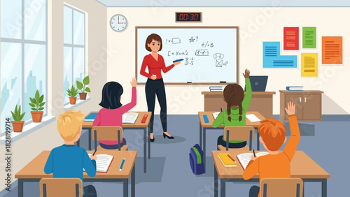 Engaging classroom scene with a dedicated teacher instructing students during a lesson, fostering an interactive and dynamic learning environment for young learners